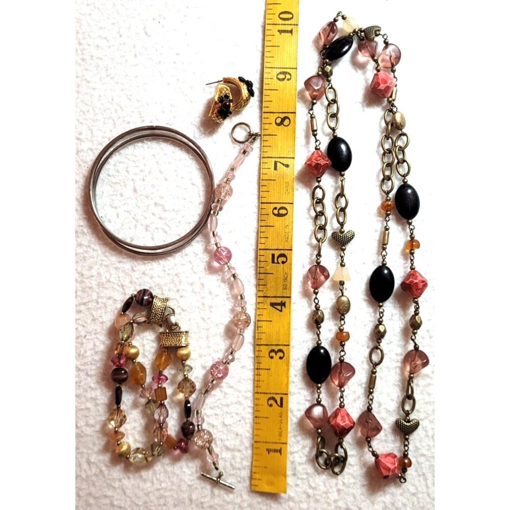 Beaded Long Necklace Stretch Bangle Bracelets Earrings Lot Abalone Pinks Boho